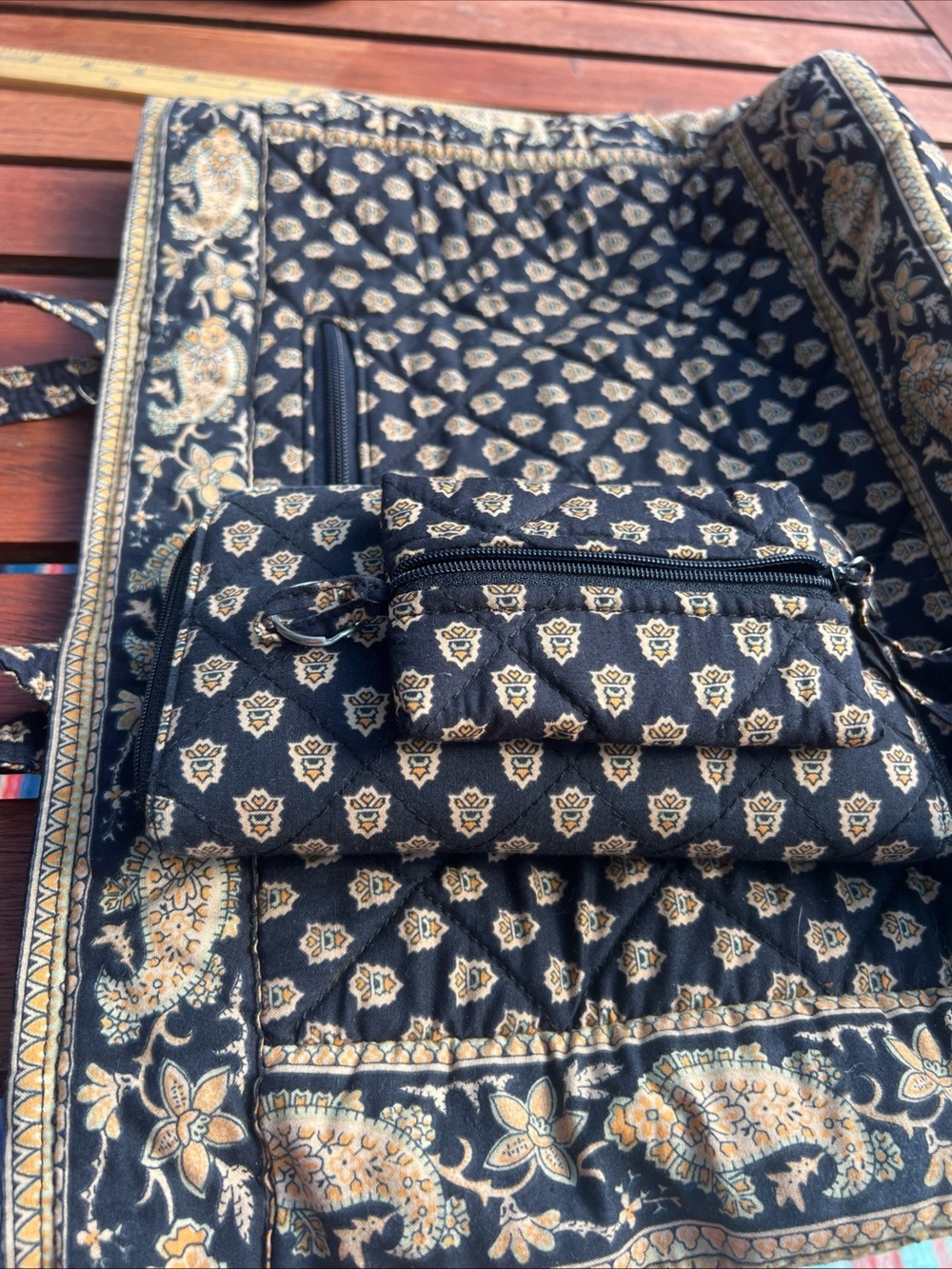 Vtg Pierre Deux lot makeup bag, barrel bag and keychain black paisley